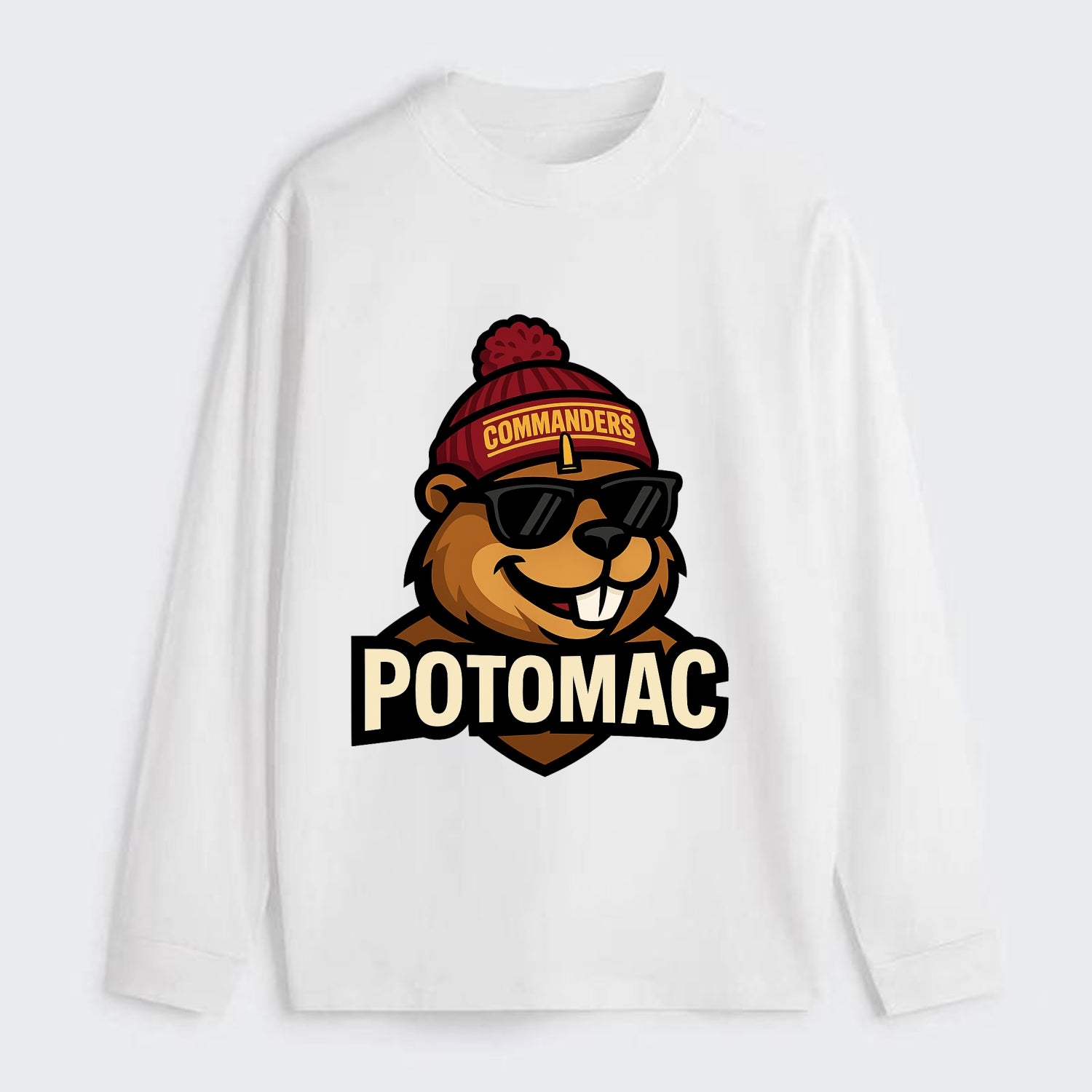 Potomac Beaver wearing Commanders beanie with monument patch and - Classic Long Sleeve Shirt - White