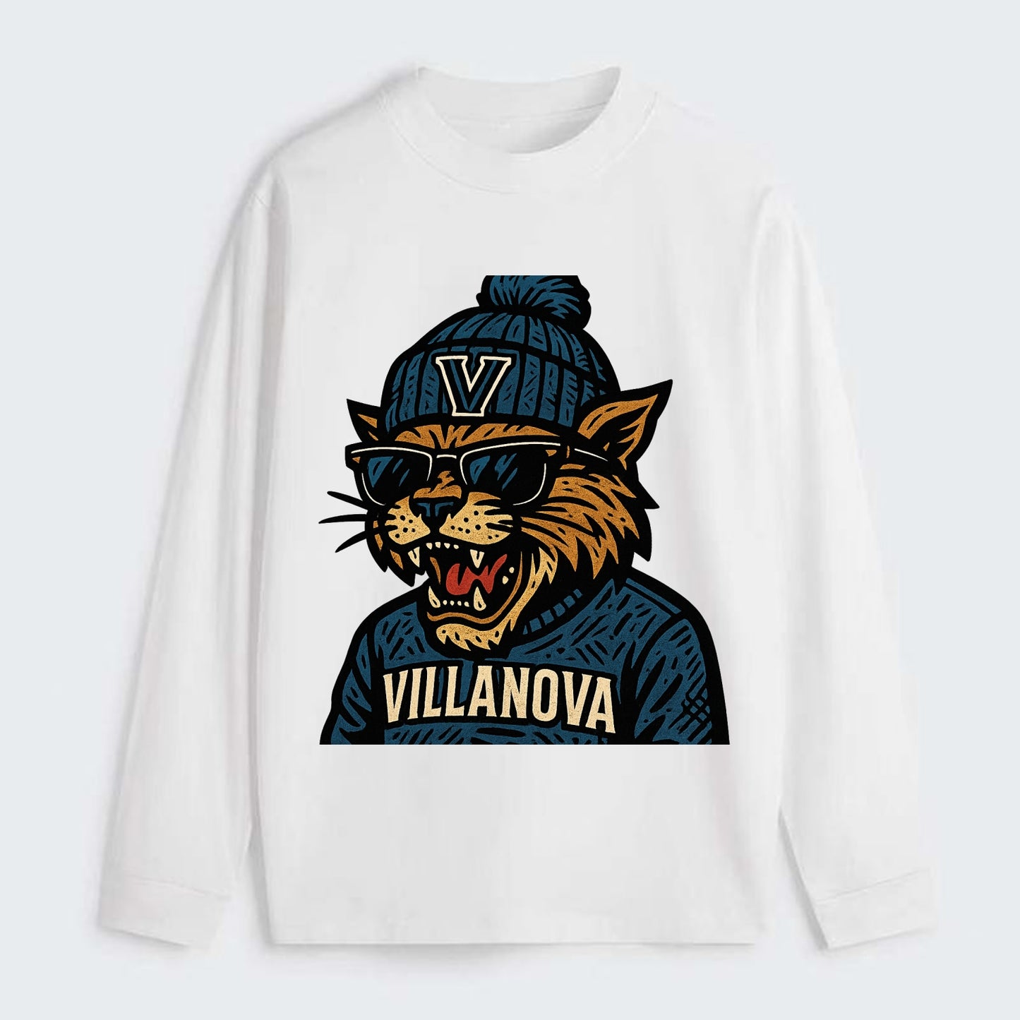 Villanova Wildcat wearing Villanova beanie with V patch - Classic Long Sleeve Shirt - White