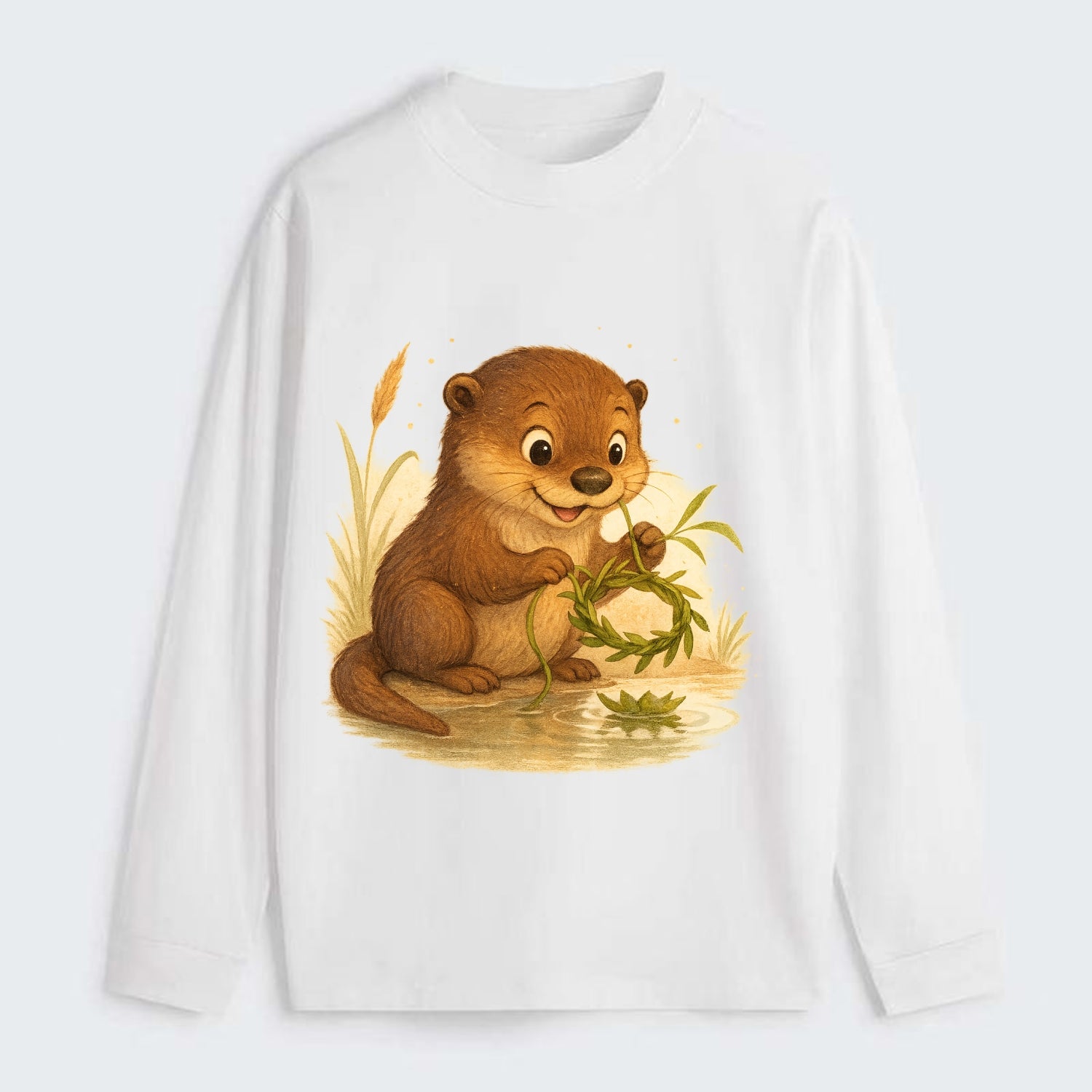 Otter weaving river reeds into a floating crown beside mirror-still - Classic Long Sleeve Shirt - White