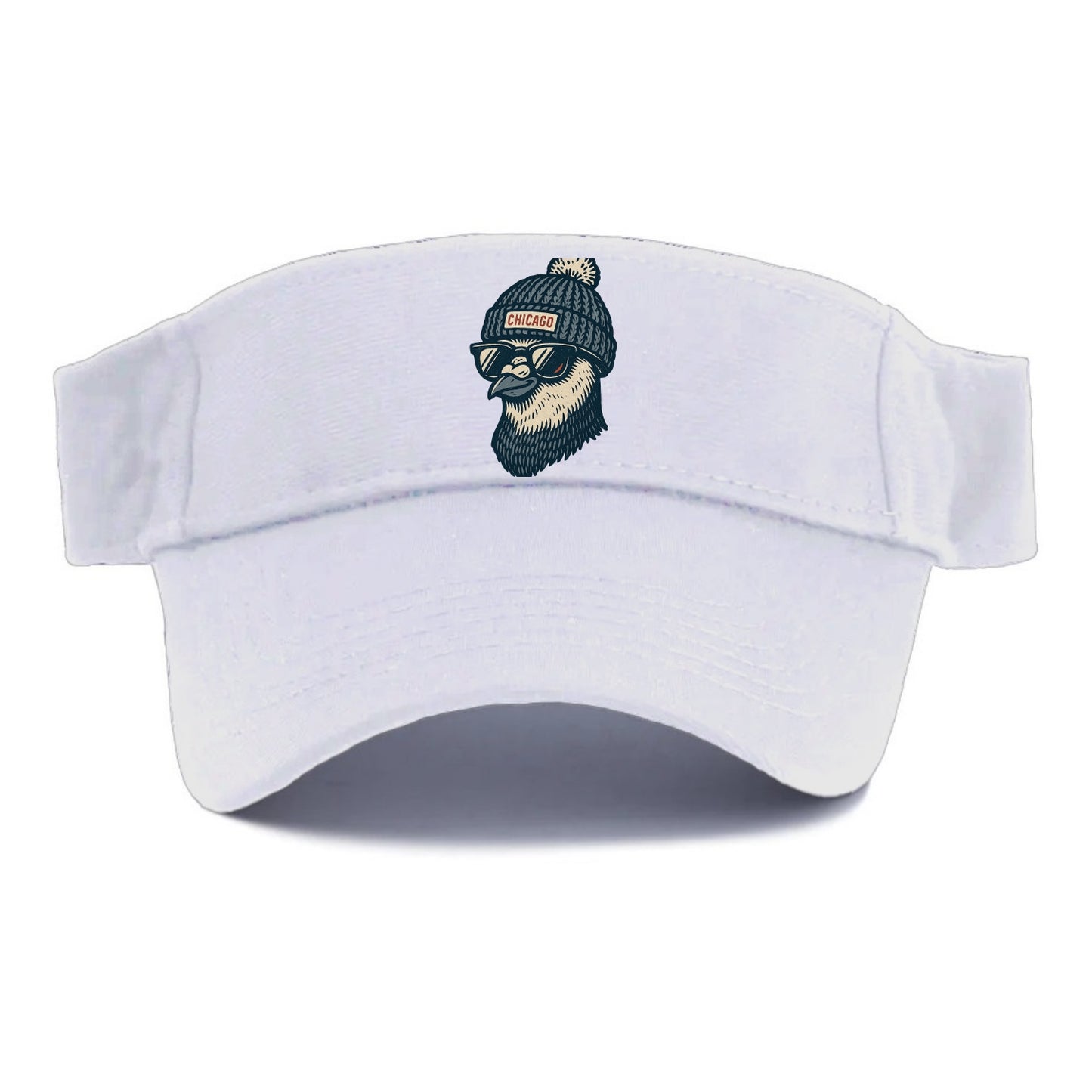 Chicago Pigeon wearing Chicago beanie with pom pom and wayfarer sunglasses - Visor - White