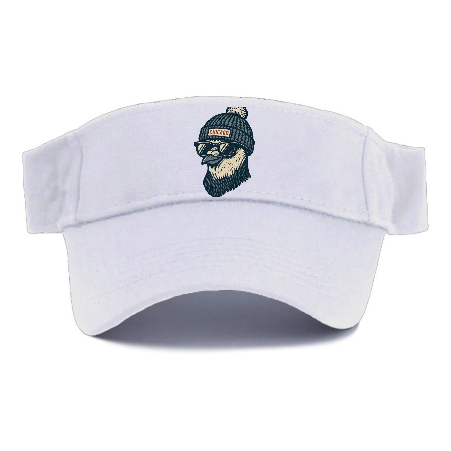 Chicago Pigeon wearing Chicago beanie with pom pom and wayfarer sunglasses - Visor - White