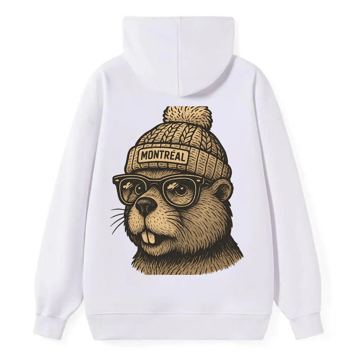 Montreal Beaver wearing Montreal beanie with pom pom and wayfarer - Classic Pullover Hoodie - White