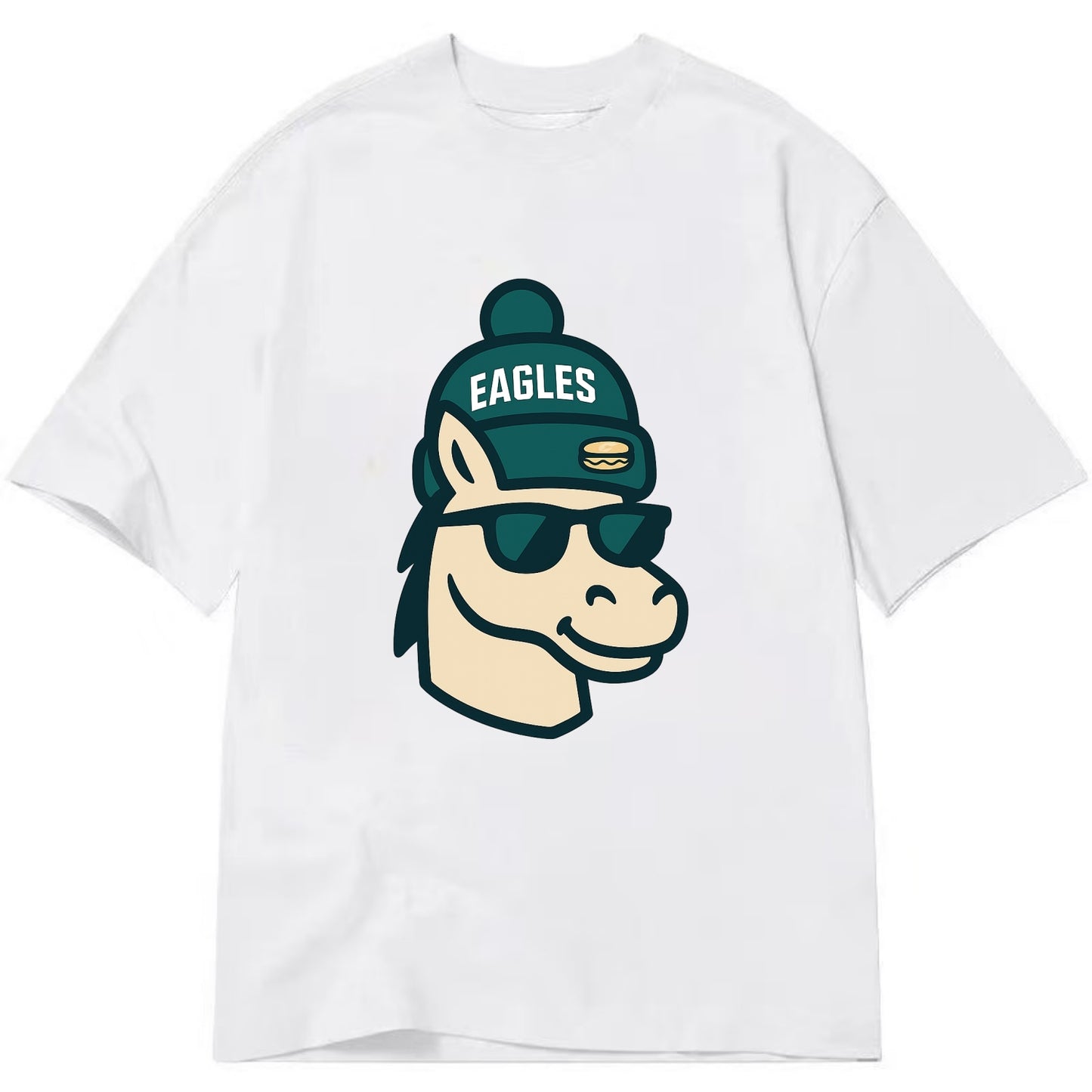 Philadelphia Horse wearing Eagles beanie with cheesesteak patch and wayfarer - Classic T-shirt - White