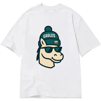 Philadelphia Horse wearing Eagles beanie with cheesesteak patch and wayfarer - Classic T-shirt - White