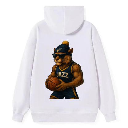 Utah Mountain Lion wearing Jazz navy and yellow beanie with music note - Classic Pullover Hoodie - White