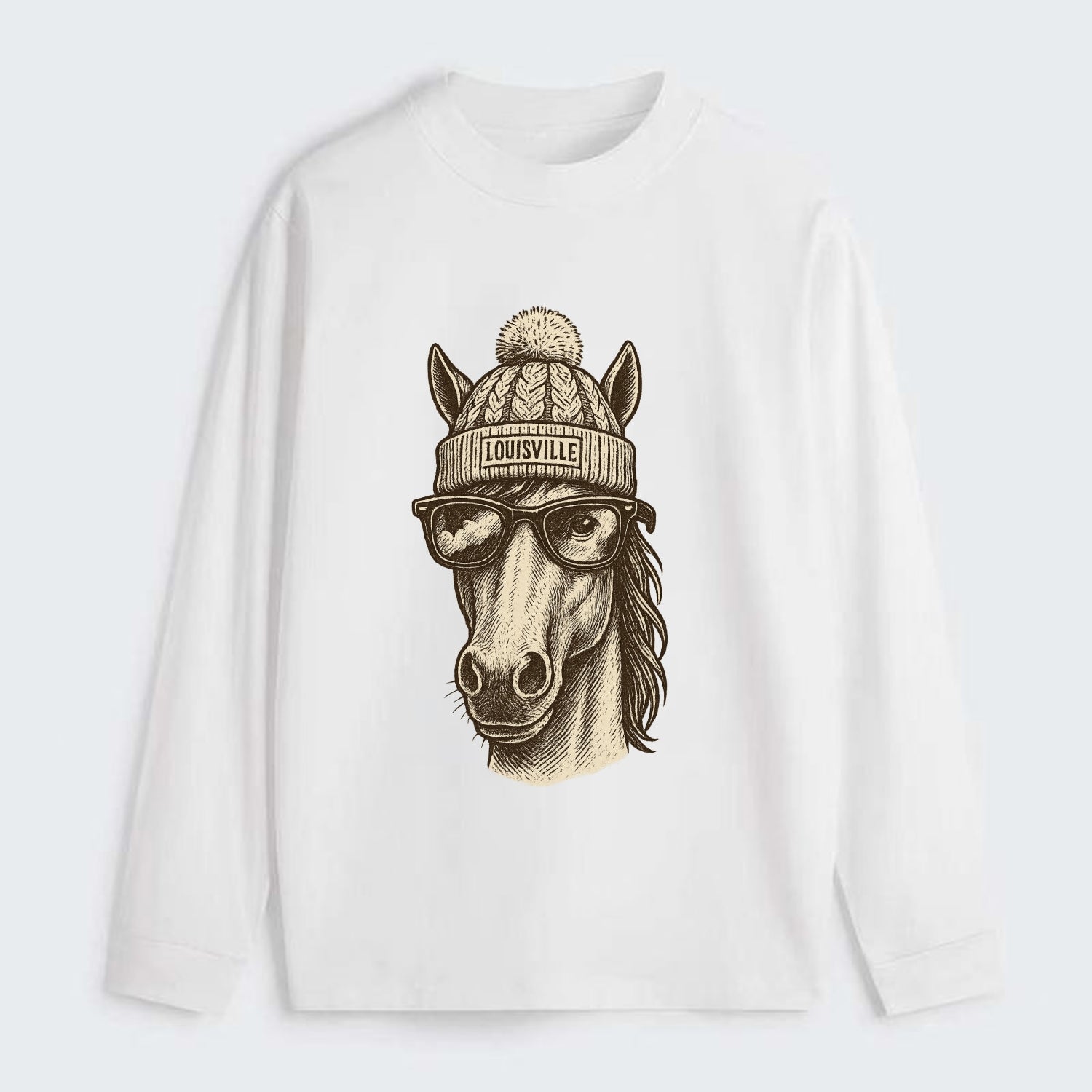 Kentucky Thoroughbred Horse wearing Louisville beanie with pom pom and - Classic Long Sleeve Shirt - White