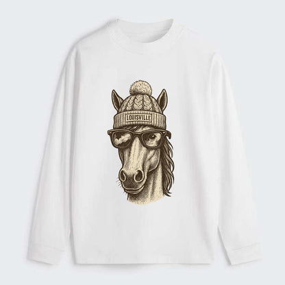 Kentucky Thoroughbred Horse wearing Louisville beanie with pom pom and - Classic Long Sleeve Shirt - White