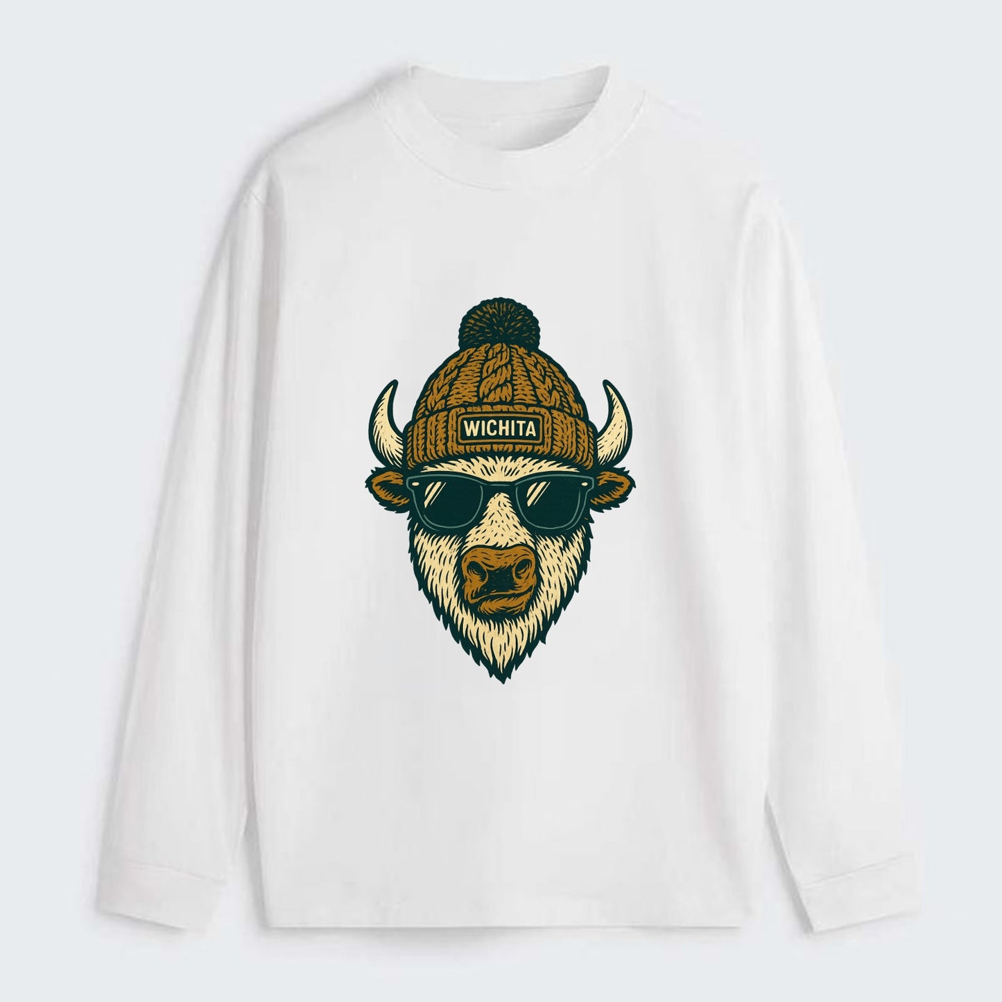 Kansas American Bison wearing Wichita beanie with pom pom and wayfarer - Classic Long Sleeve Shirt - White