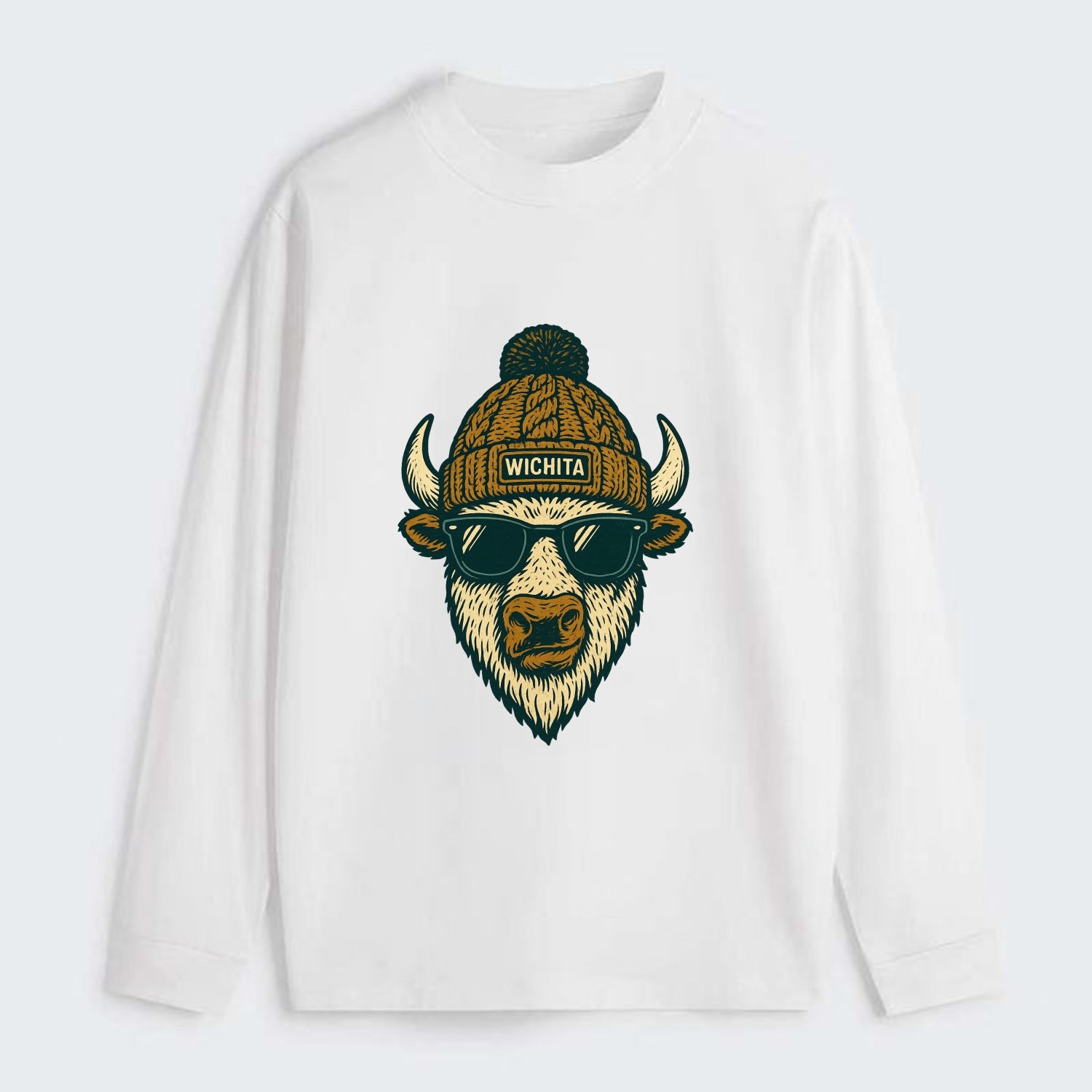 Kansas American Bison wearing Wichita beanie with pom pom and wayfarer - Classic Long Sleeve Shirt - White