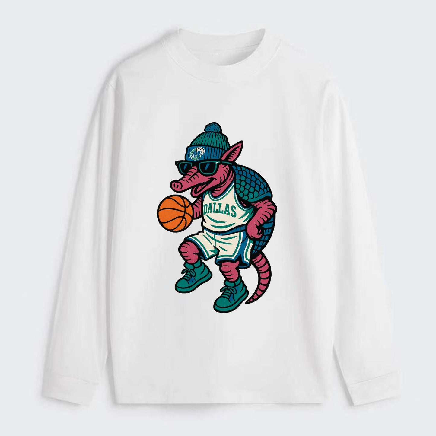 Dallas Armadillo wearing Mavericks beanie with cowboy hat patch and - Classic Long Sleeve Shirt - White