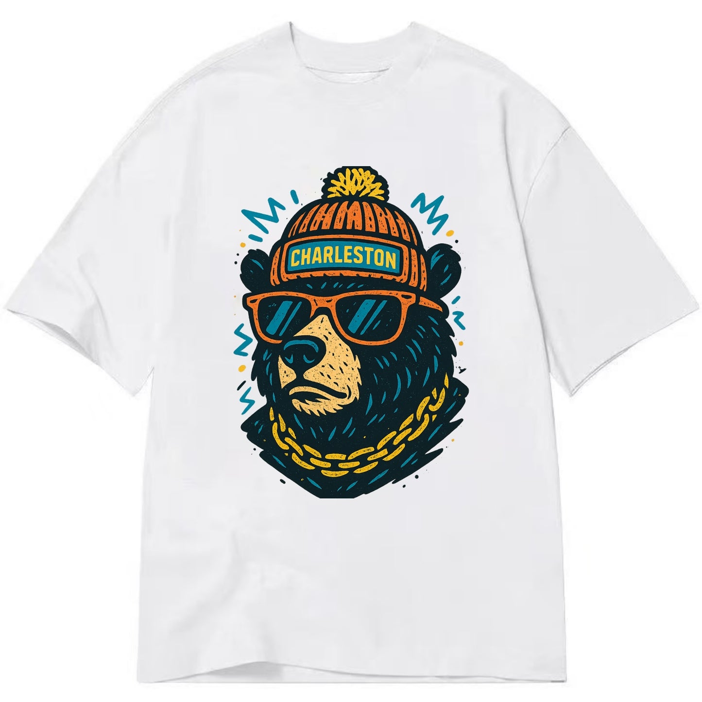 West Virginia Black Bear wearing Charleston beanie with pom pom and wayfarer - Classic T-shirt - White