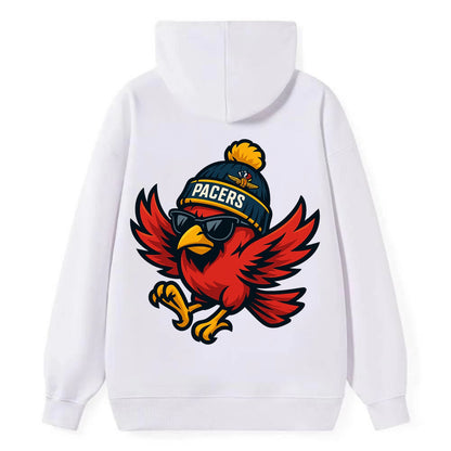 Indiana Cardinal wearing Pacers beanie with speedway patch and wayfarer - Classic Pullover Hoodie - White