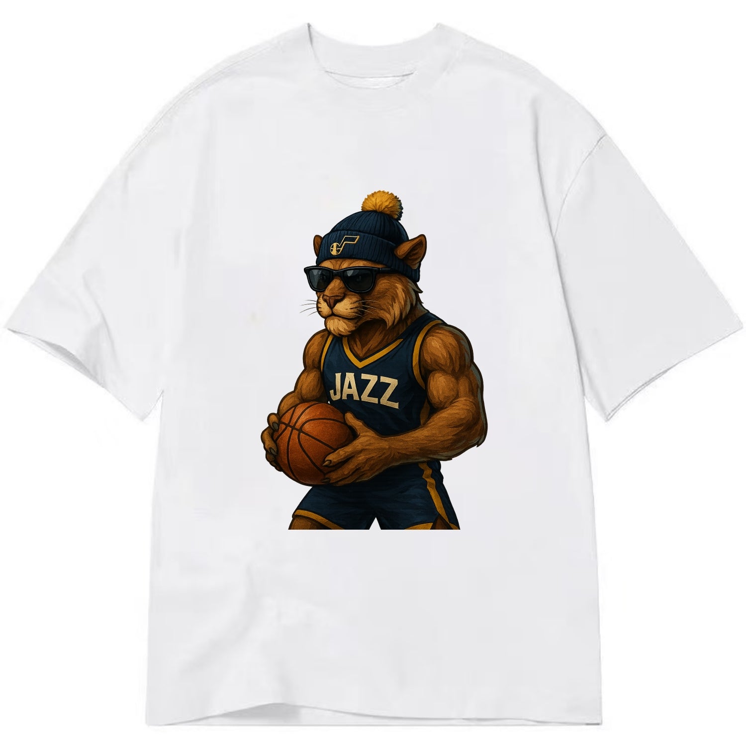Utah Mountain Lion wearing Jazz navy and yellow beanie with music note and - Classic T-shirt - White