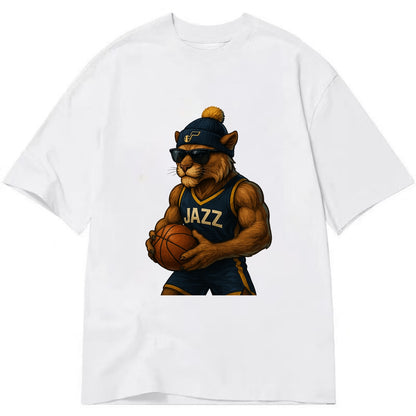 Utah Mountain Lion wearing Jazz navy and yellow beanie with music note and - Classic T-shirt - White