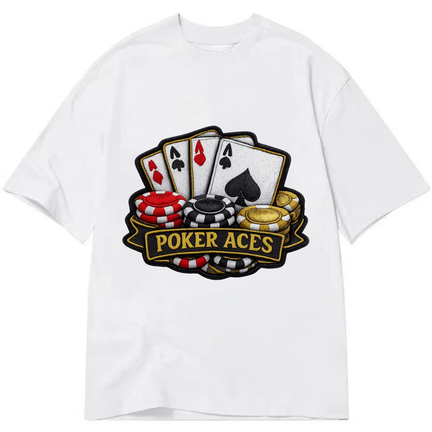 Embroidered patch design - POKER ACES - four aces with chips in red, black and - Classic T-shirt - White