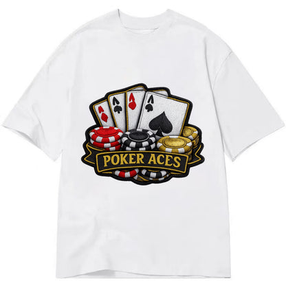 Embroidered patch design - POKER ACES - four aces with chips in red, black and - Classic T-shirt - White