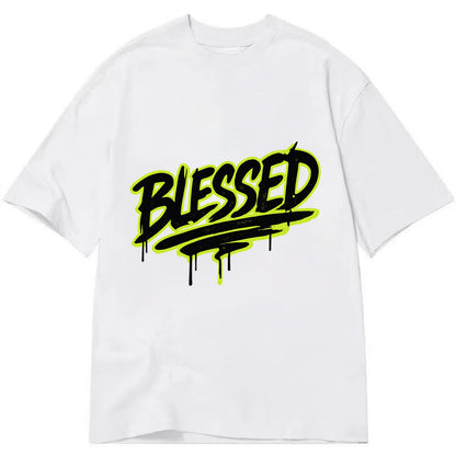 Bold typography design - "BLESSED" - recognizing good fortune, abundance - Classic T-shirt - White
