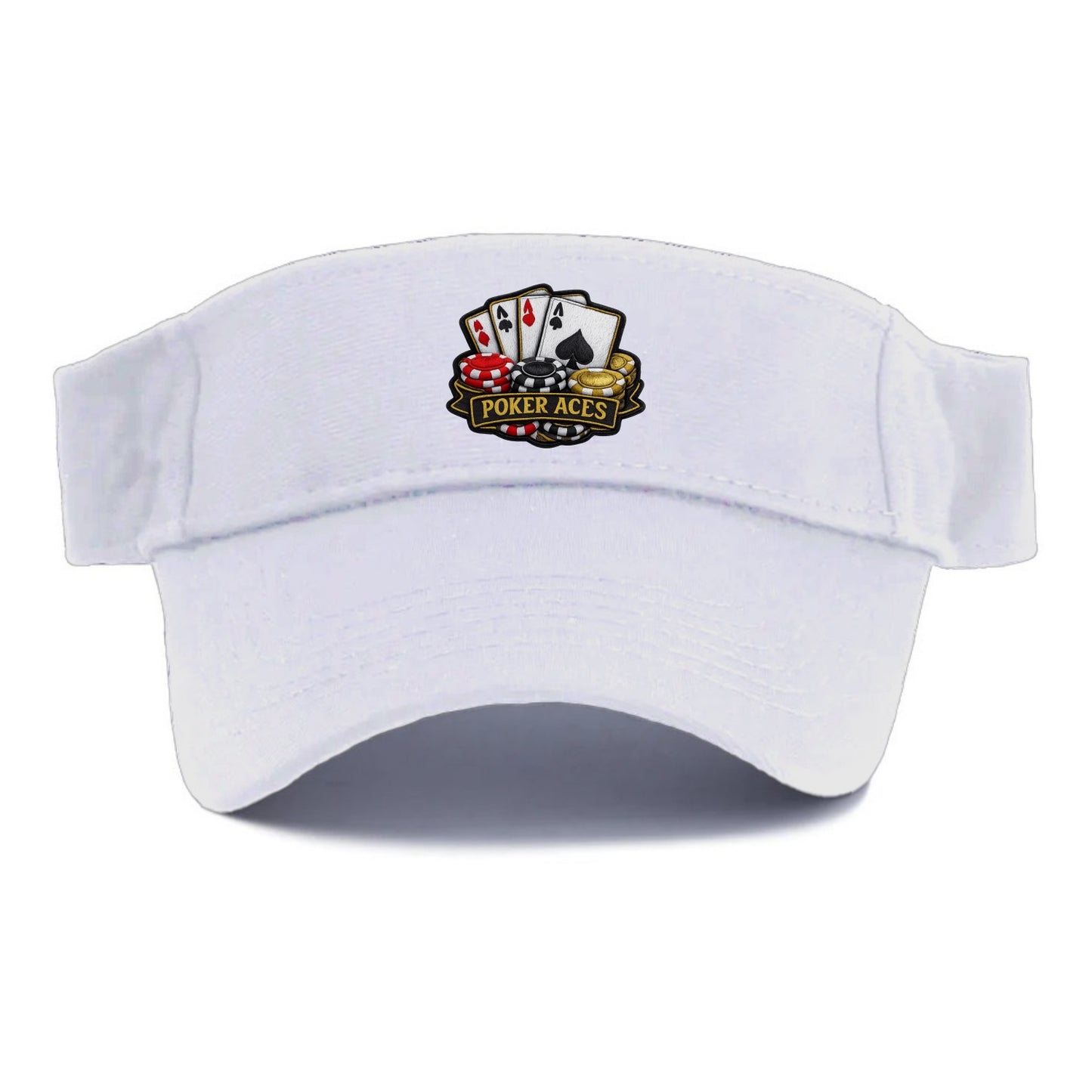 Embroidered patch design - POKER ACES - four aces with chips in red, black and gold - Visor - White