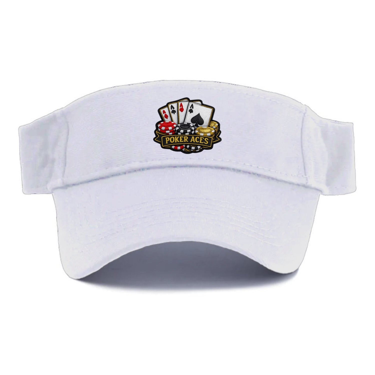 Embroidered patch design - POKER ACES - four aces with chips in red, black and gold - Visor - White