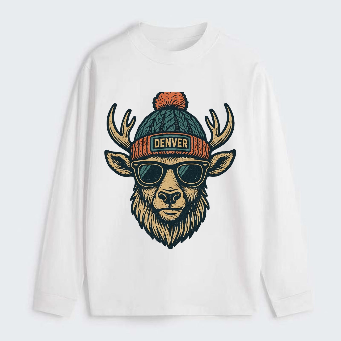 Denver Elk wearing Denver beanie with pom pom and wayfarer sunglasses - Classic Long Sleeve Shirt - White