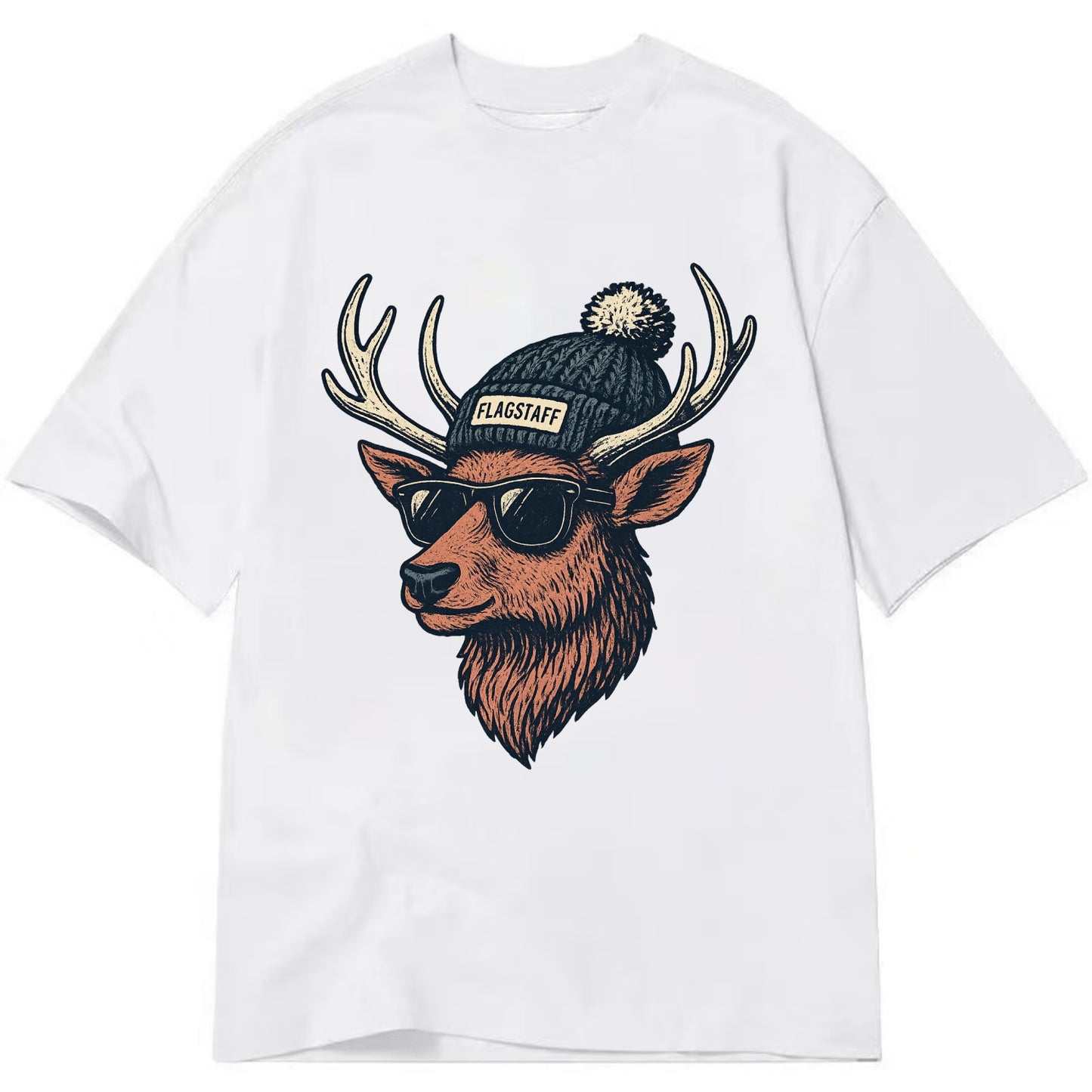 Flagstaff Elk wearing Flagstaff beanie with pom pom and wayfarer sunglasses - Classic T-shirt - White