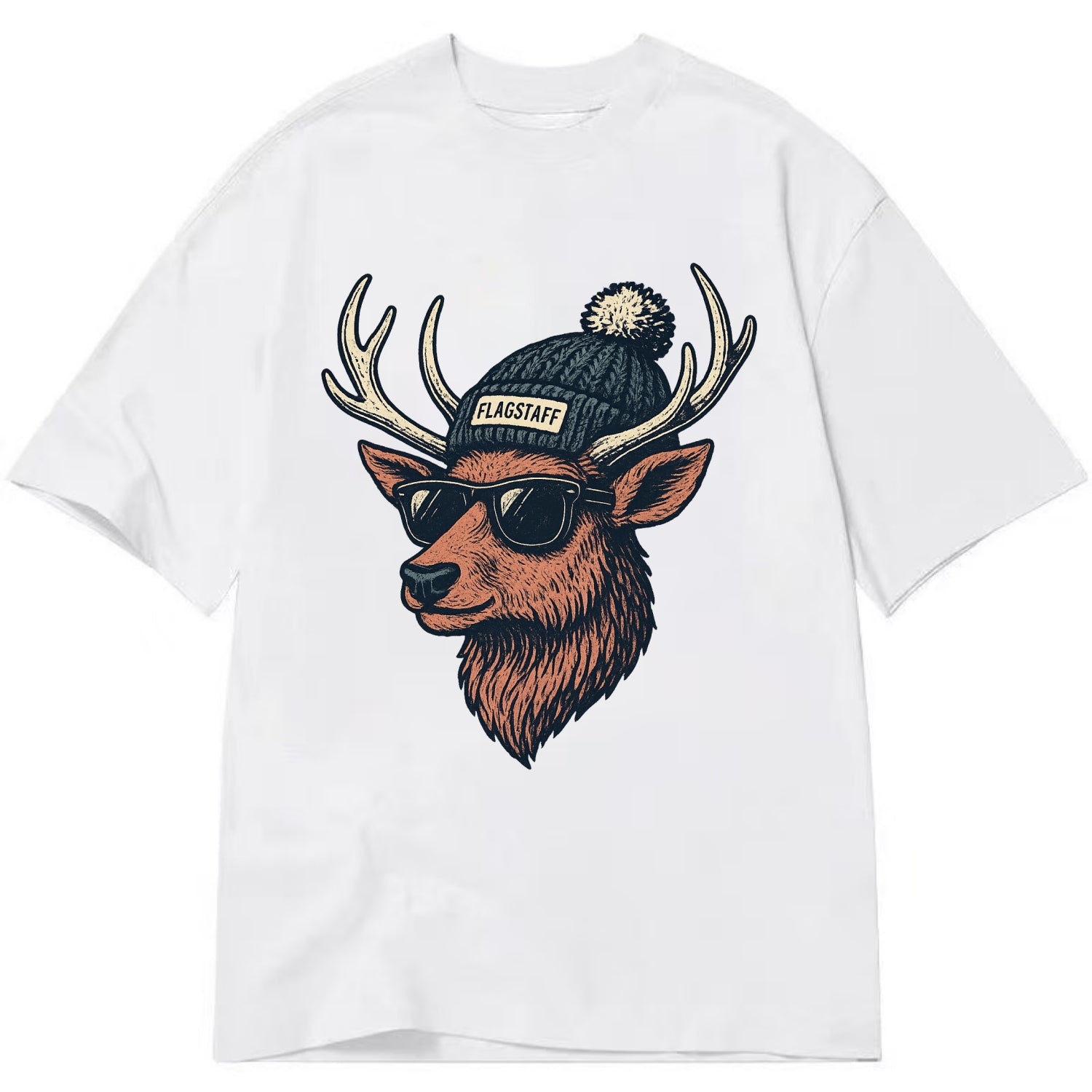 Flagstaff Elk wearing Flagstaff beanie with pom pom and wayfarer sunglasses - Classic T-shirt - White