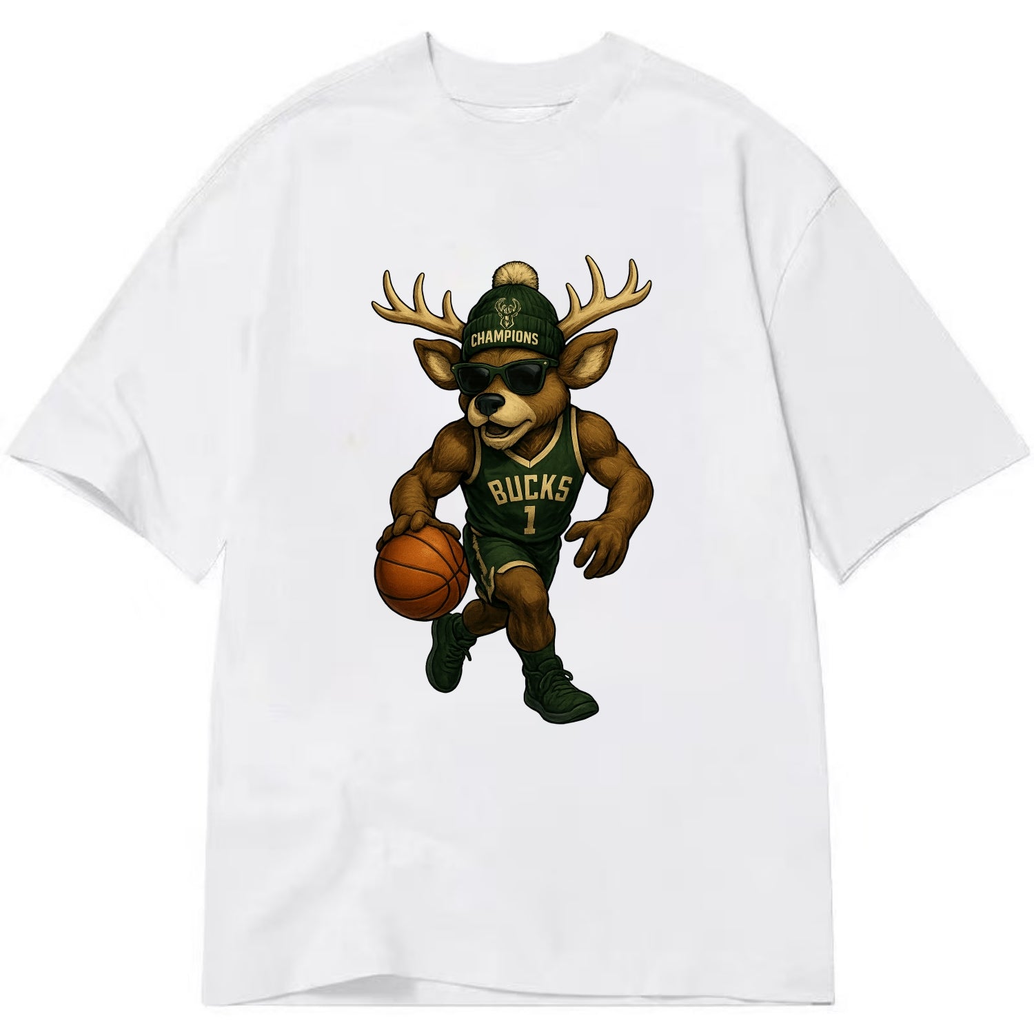 Milwaukee Buck Deer wearing Bucks green and cream beanie with antlers and - Classic T-shirt - White