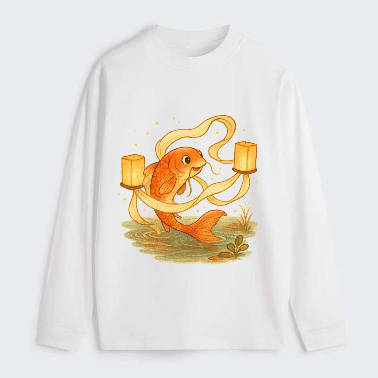 Koi weaving silk streamers through floating lanterns on tranquil water - Classic Long Sleeve Shirt - White