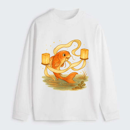 Koi weaving silk streamers through floating lanterns on tranquil water - Classic Long Sleeve Shirt - White