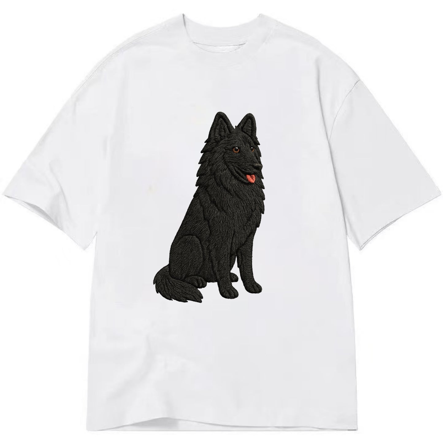 Belgian Sheepdog - Black long-haired embroidered pose - Classic T-shirt - White