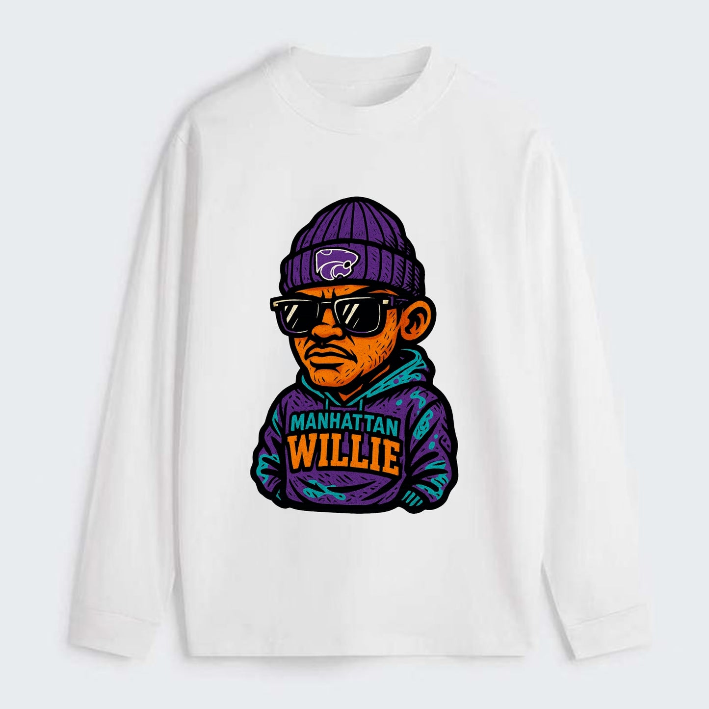 Manhattan Willie wearing Kansas State beanie with powercat patch - Classic Long Sleeve Shirt - White
