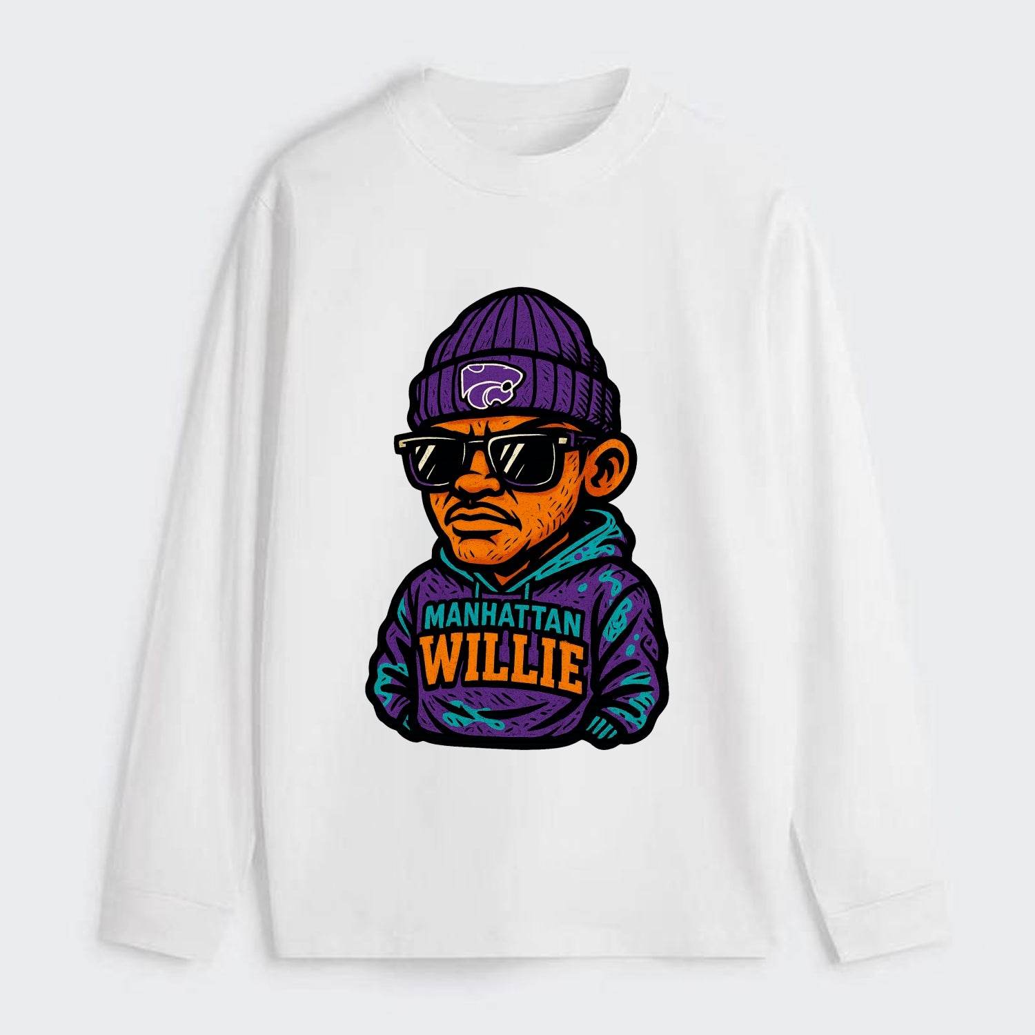 Manhattan Willie wearing Kansas State beanie with powercat patch - Classic Long Sleeve Shirt - White