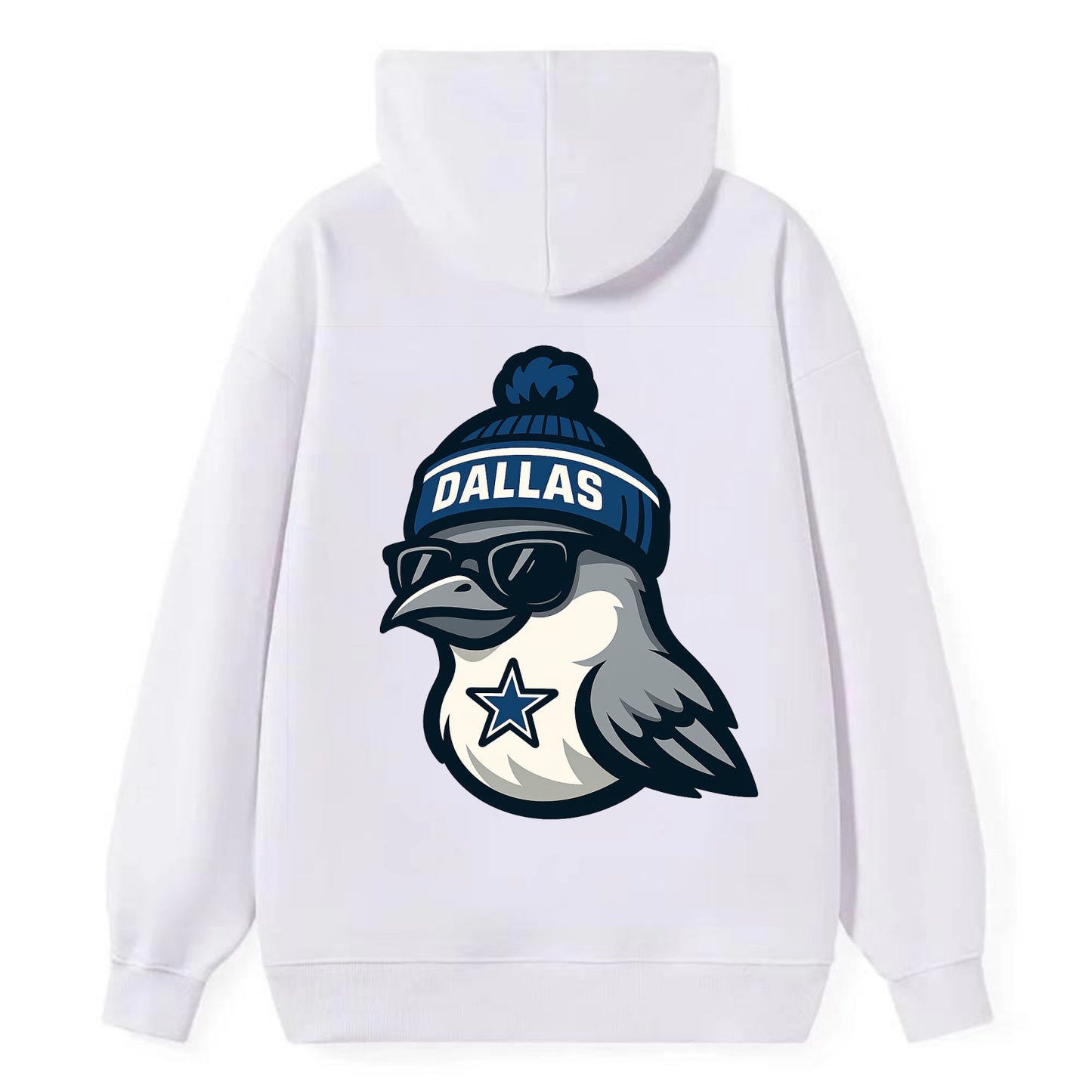 Dallas Mockingbird wearing Cowboys beanie with sheriff star and wayfarer - Classic Pullover Hoodie - White