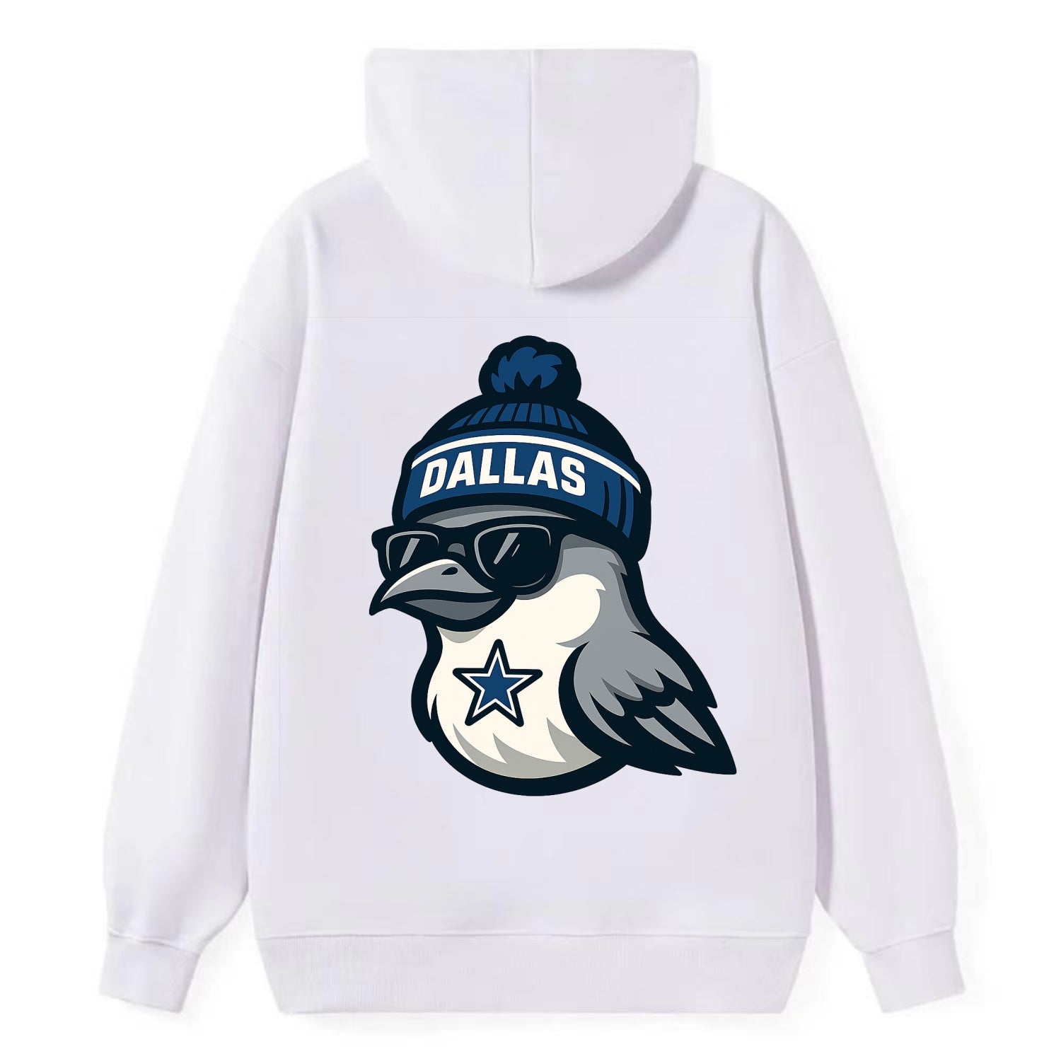 Dallas Mockingbird wearing Cowboys beanie with sheriff star and wayfarer - Classic Pullover Hoodie - White