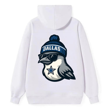 Dallas Mockingbird wearing Cowboys beanie with sheriff star and wayfarer - Classic Pullover Hoodie - White