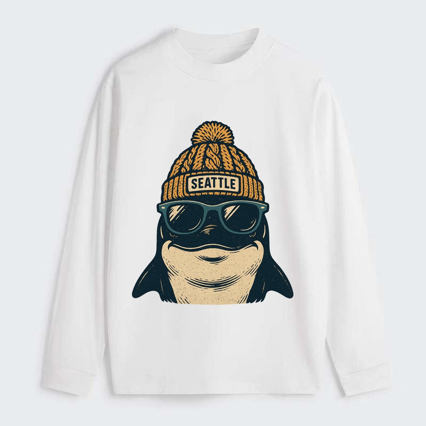 Seattle Orca wearing Seattle beanie with pom pom and wayfarer sunglasses - Classic Long Sleeve Shirt - White