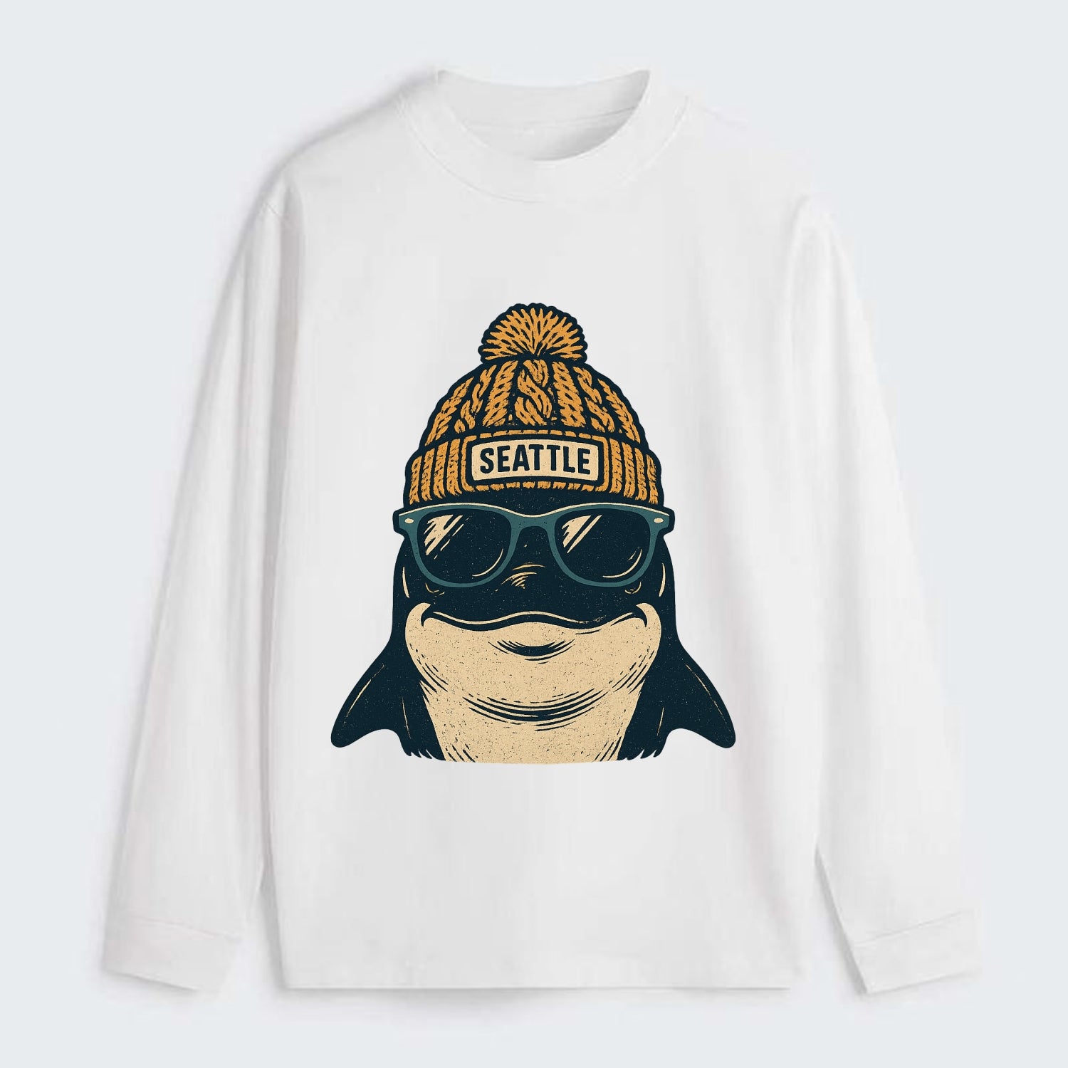 Seattle Orca wearing Seattle beanie with pom pom and wayfarer sunglasses - Classic Long Sleeve Shirt - White