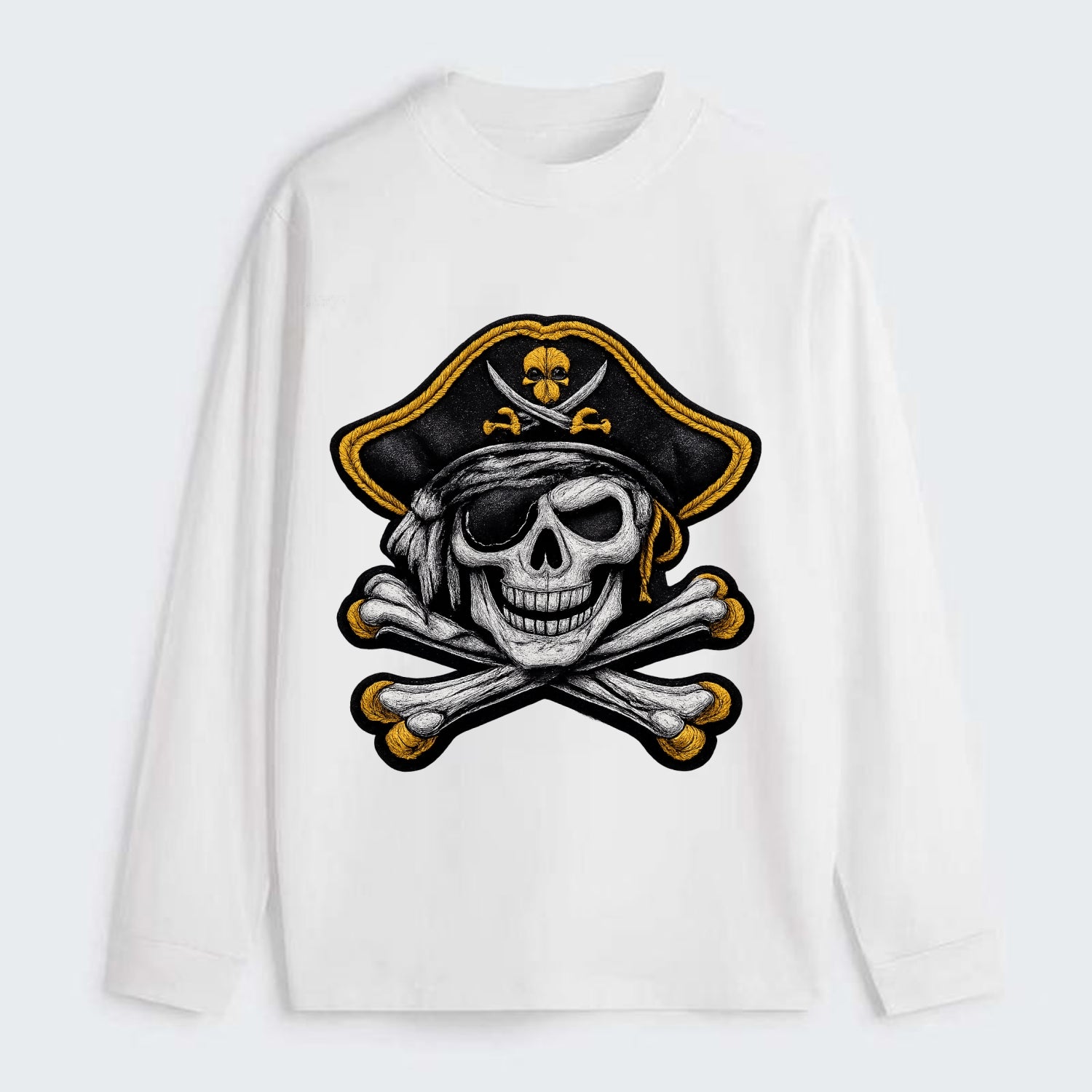 PIRATE SKULL - Jolly Roger skull in black and white , pirate - Classic Long Sleeve Shirt - White
