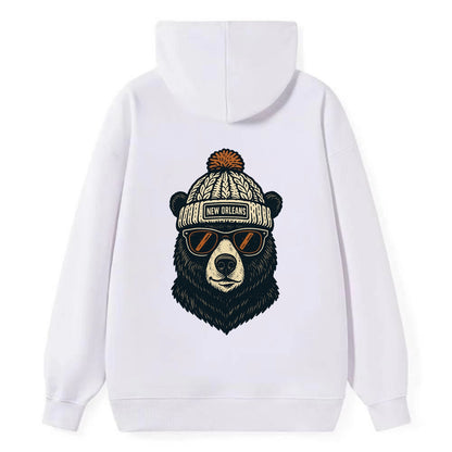Louisiana Black Bear wearing New Orleans beanie with pom pom and wayfarer - Classic Pullover Hoodie - White