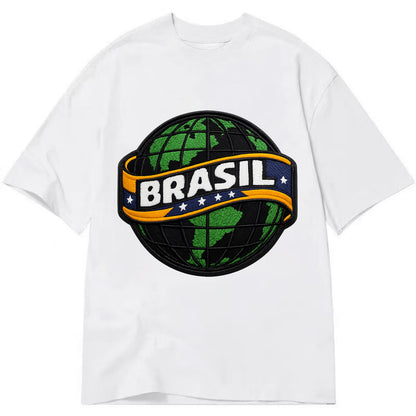 BRAZILIAN FLAG GLOBE - green globe with banner in green yellow blue , Brasil - Classic T-shirt - White