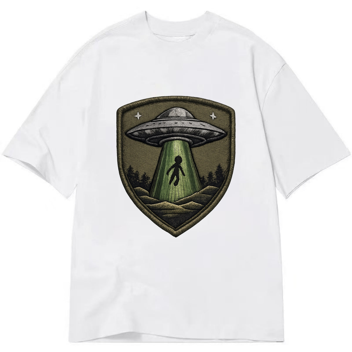 UFO ALIEN - flying saucer with beam in silver and green , extraterrestrial - Classic T-shirt - White
