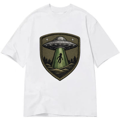 UFO ALIEN - flying saucer with beam in silver and green , extraterrestrial - Classic T-shirt - White