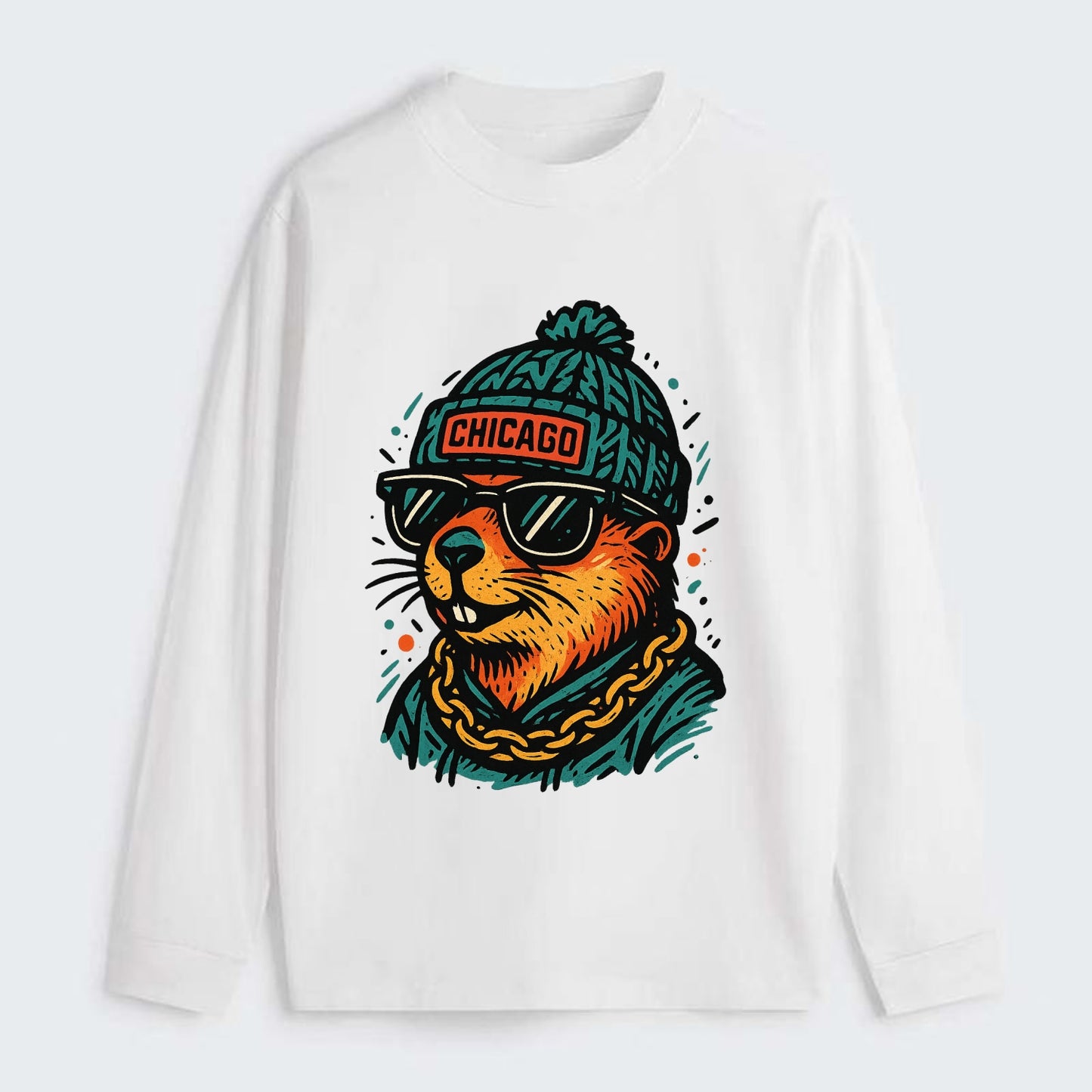 Illinois Prairie Dog wearing Chicago beanie with pom pom and wayfarer - Classic Long Sleeve Shirt - White