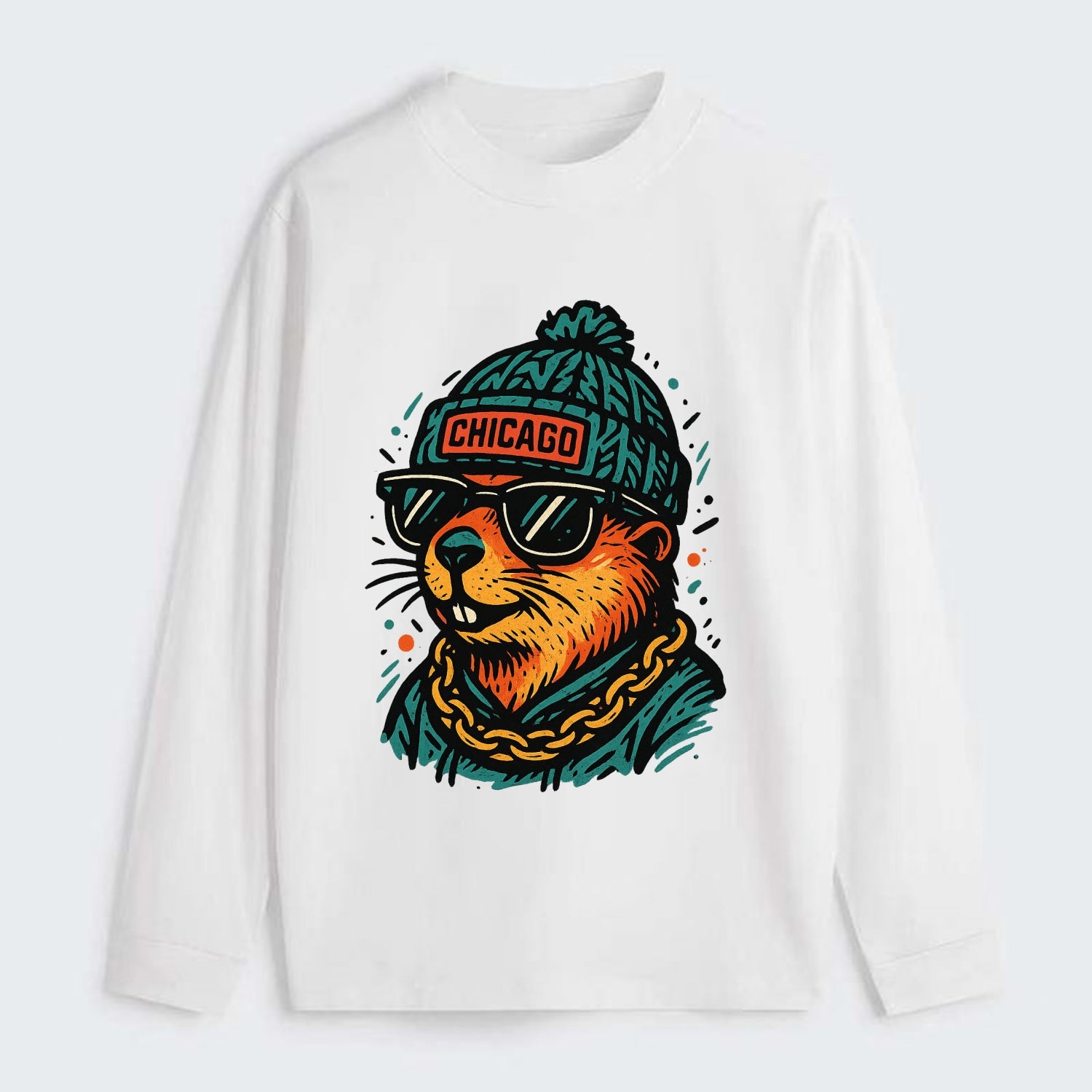 Illinois Prairie Dog wearing Chicago beanie with pom pom and wayfarer - Classic Long Sleeve Shirt - White