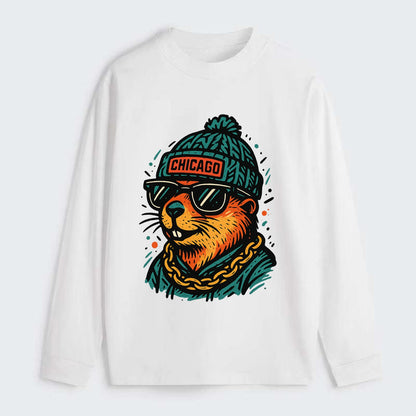 Illinois Prairie Dog wearing Chicago beanie with pom pom and wayfarer - Classic Long Sleeve Shirt - White