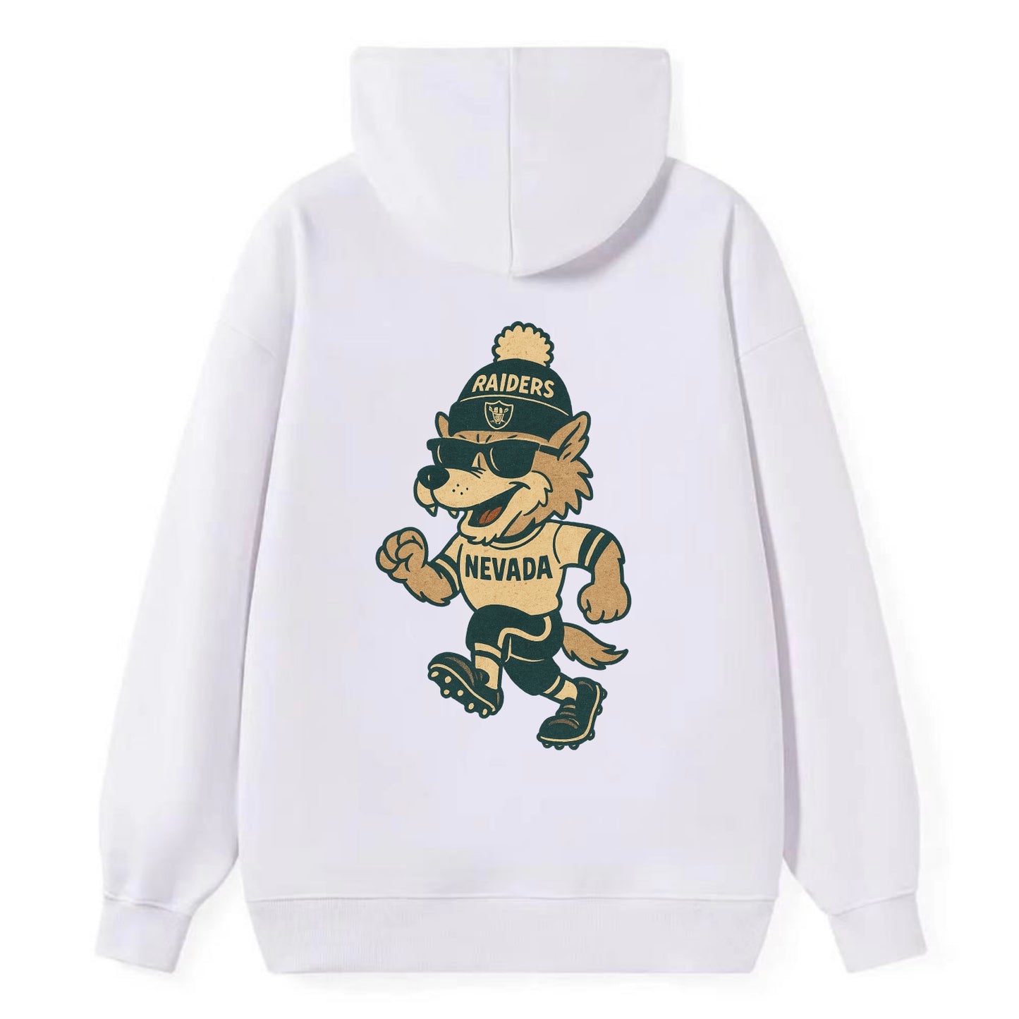 Nevada Wolf wearing Raiders beanie with outlaw patch and wayfarer - Classic Pullover Hoodie - White