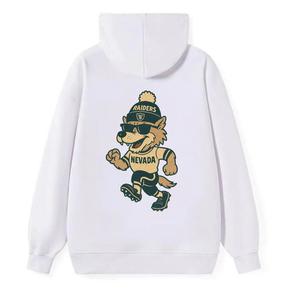 Nevada Wolf wearing Raiders beanie with outlaw patch and wayfarer - Classic Pullover Hoodie - White