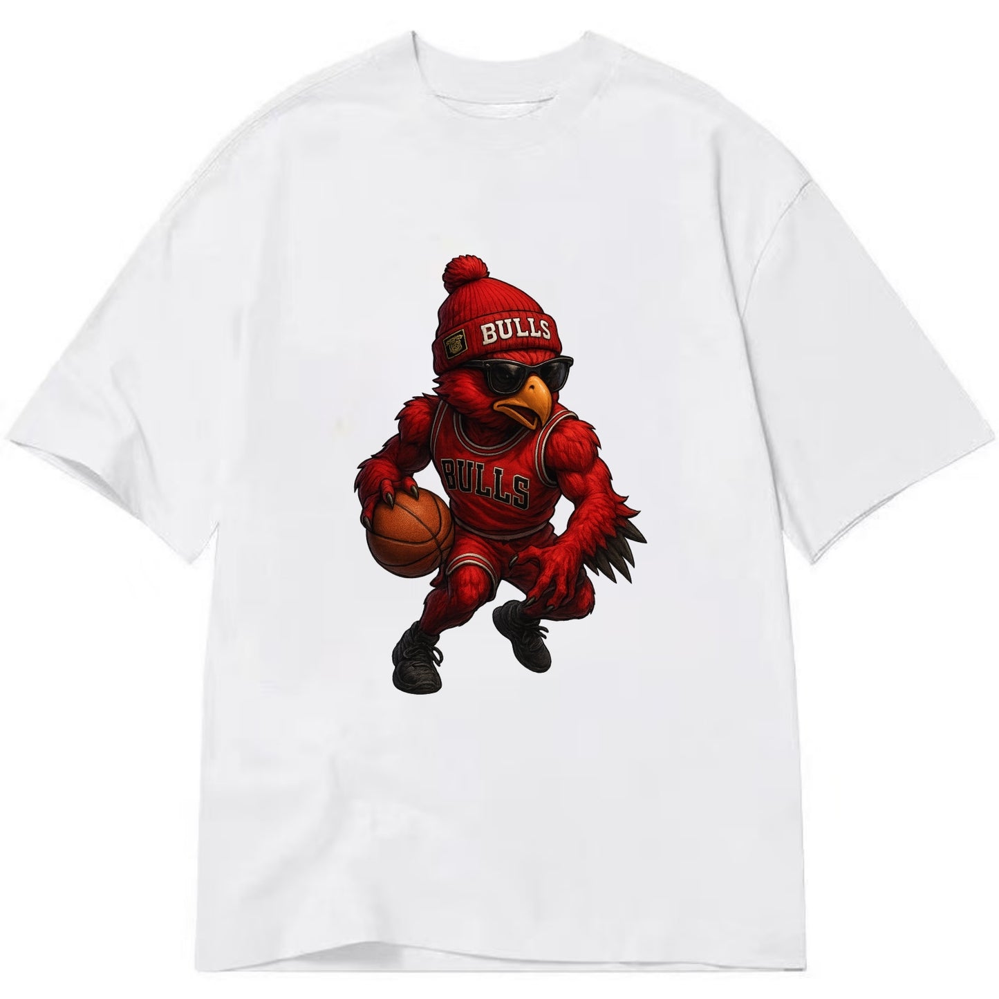 Windy City Hawk wearing Bulls beanie with six rings patch and wayfarer sunglasses - Classic T-shirt - White