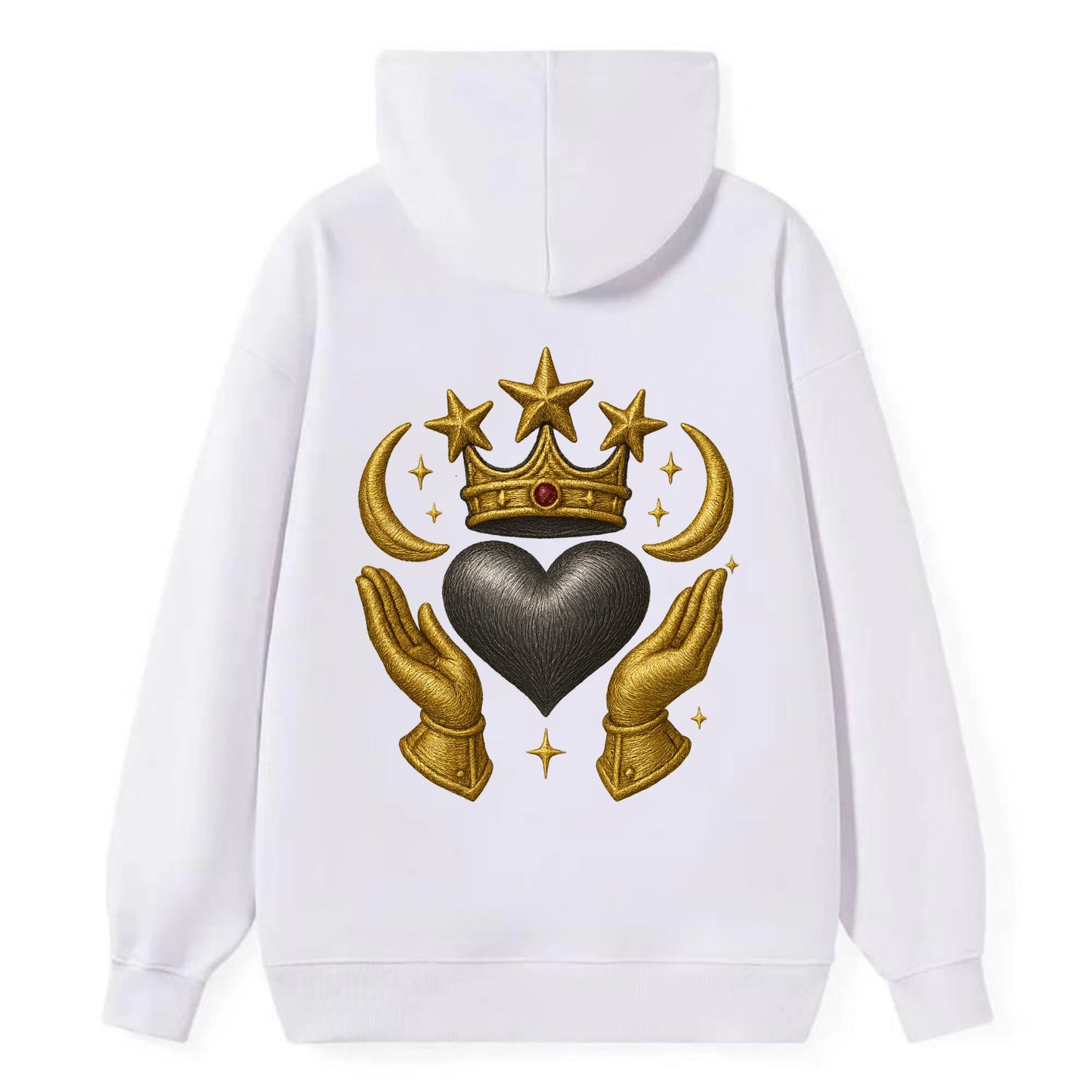 Sun goddess crown radiating golden rays over a midnight heart with - Classic Pullover Hoodie - White