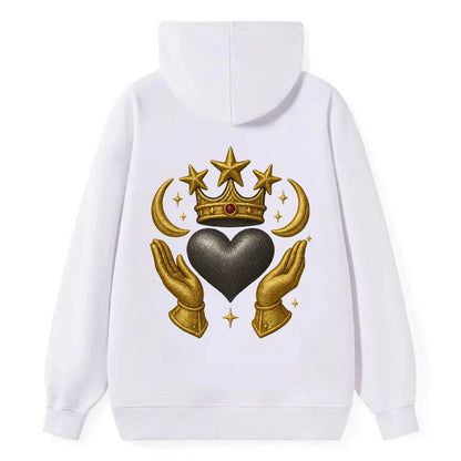 Sun goddess crown radiating golden rays over a midnight heart with - Classic Pullover Hoodie - White